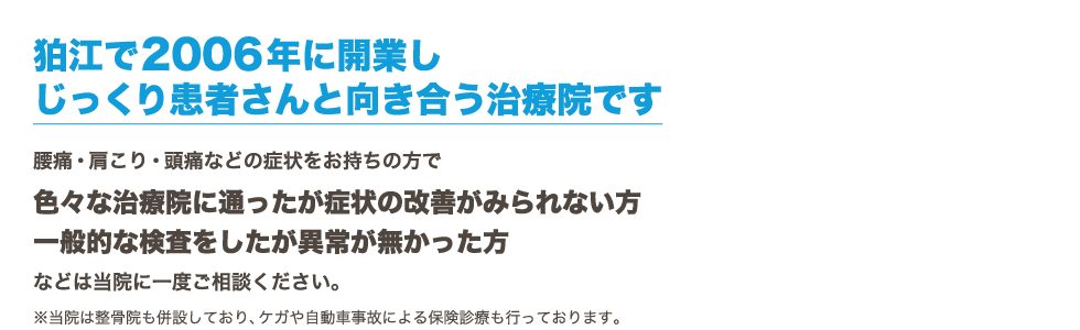 狛江で開業し10年。じっくり患者さんと向き合う治療院です。腰痛・肩こり・頭痛などの症状をお持ちの方で色々な治療院に通ったが症状の改善がみられない方・一般的な検査をしたが異常が無かった方などは当院に一度ご相談ください。