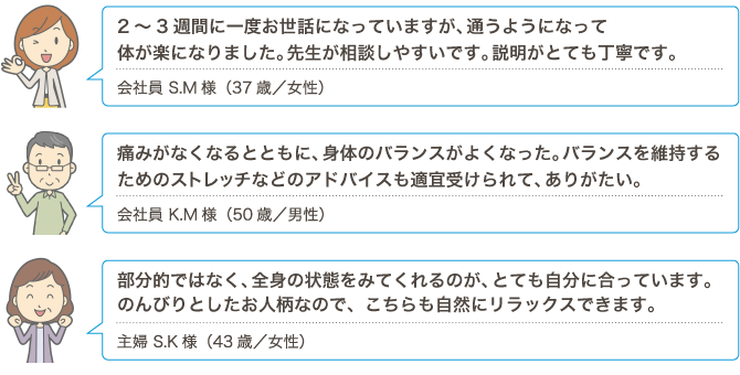 通うようになって体が楽になりました。先生が相談しやすいです。説明がとても丁寧です。